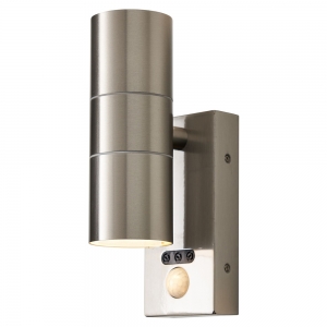 Forum Lighting ZN-29179-SST-65 Leto Stainless Steel IP65 Up + Down GU10 Tubular Security Wall Light With 110° | 8m PIR + Manual Override - Requires 2 x 7W GU10 LED Lamps 240V