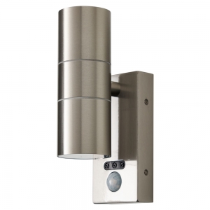 Forum Lighting ZN-29179-SST-65 Leto Stainless Steel IP65 Up + Down GU10 Tubular Security Wall Light With 110° | 8m PIR + Manual Override - Requires 2 x 7W GU10 LED Lamps 240V