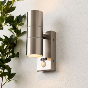 Forum Lighting ZN-29179-SST-65 Leto Stainless Steel IP65 Up + Down GU10 Tubular Security Wall Light With 110° | 8m PIR + Manual Override - Requires 2 x 7W GU10 LED Lamps 240V