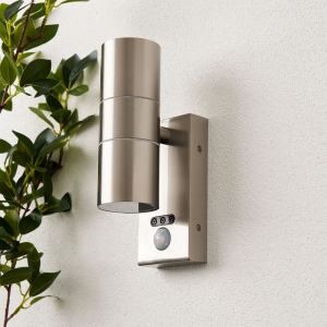 Forum Lighting ZN-29179-SST-65 Leto Stainless Steel IP65 Up + Down GU10 Tubular Security Wall Light With 110° | 8m PIR + Manual Override - Requires 2 x 7W GU10 LED Lamps 240V