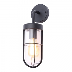 Forum Lighting ZN-31807-TBLK Woking Textured Black IP44 Down Caged Wall Light With Curved Arm & Clear Glass Diffuser - Requires 1 x 10W GLS ES LED Lamp 240V