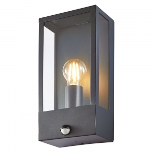 Forum Lighting  ZN-32070-ANTH Minerva Anthracite IP44 Box Style Security Lantern With PIR + Adjustable Lux Levels & Clear Glass Panels - Requires 1 x 10W GLS ES LED Lamp 240V