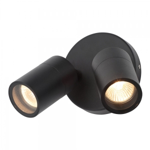 Forum Lighting ZN-34018-BLK-65 Leto Black IP65 Adjustable Twin GU10 Spotlights With Clear Glass Diffusers & Round Mounting Plate - Requires 2 x 7W GU10 LED Lamps 240V