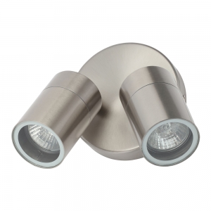 Forum Lighting ZN-34018-SST-65 Leto Stainless Steel IP65 Adjustable Twin GU10 Spotlights With Clear Glass Diffusers & Round Mounting Plate - Requires 2 x 7W GU10 LED Lamps 240V