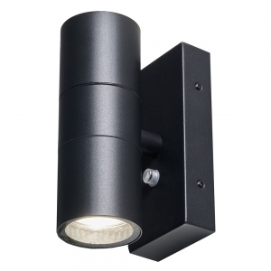 Forum Lighting ZN-34022-BLK-65 Leto Black IP65 Up + Down GU10 Tubular Security Wall Light With Dusk/Dawn Photocell - Requires 2 x 7W GU10 LED Lamps 240V