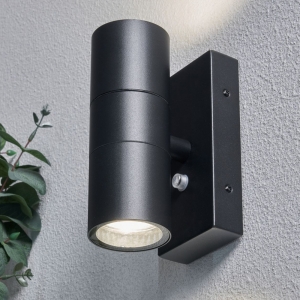 Forum Lighting ZN-34022-BLK-65 Leto Black IP65 Up + Down GU10 Tubular Security Wall Light With Dusk/Dawn Photocell - Requires 2 x 7W GU10 LED Lamps 240V