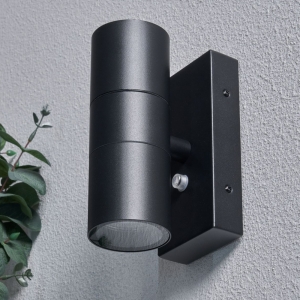 Forum Lighting ZN-34022-BLK-65 Leto Black IP65 Up + Down GU10 Tubular Security Wall Light With Dusk/Dawn Photocell - Requires 2 x 7W GU10 LED Lamps 240V