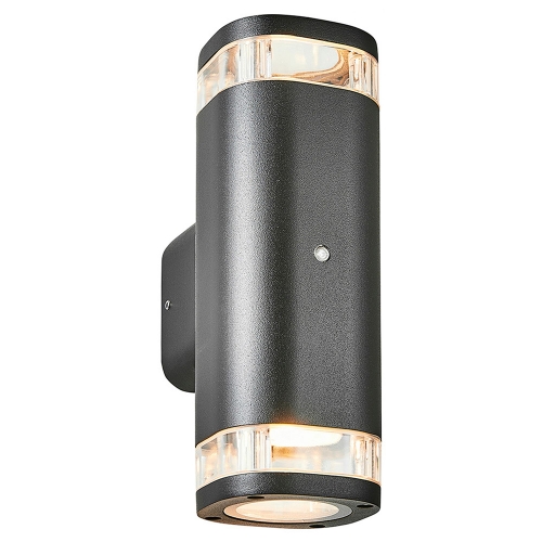 Forum Lighting ZN-35072-BLK Eos Black IP54 Up + Down Tubular Wall Light With Decorative Halo Effect & Dusk/Dawn Photocell - Requires 2 x 7W GU10 LED Lamps 240V