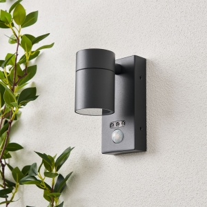 Forum Lighting ZN-37938-ANTH-65 Leto Anthracite IP65 Down GU10 Tubular Security Wall Light With 110° | 8m PIR + Manual Override - Requires 1 x 7W GU10 LED Lamp 240V