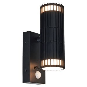 Forum Lighting ZN-44263-BLK Muto Black IP65 Ribbed Up + Down GU10 Wall Light With PIR, Decorative Light Effect & Opal Diffuser - Requires 2 x 7W GU10 LED Lamps 240V