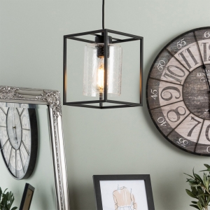 Forum Lighting INL-37905-MBLK Hardy Matt Black IP20 Ceiling Pendant With Bubble Effect Glass Shade - Requires 10W ES GLS LED Lamps