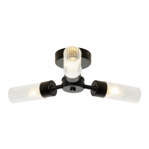 Forum Lighting SPA-39650-BLK Ottawa Black IP44 3-Light Bathroom Ceiling Light With Glass Tubular Ridged Shades - Requires 3x 3W G9 LED Lamps