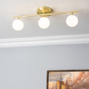 Forum Lighting SPA-41028-SBRS Toronto Satin Brass IP44 3-Light Bar Bathroom Ceiling Light With Opal Glass Ball Shades - Requires 3x 3W G9 LED Lamps