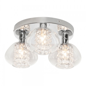 Forum Lighting SPA-41159-CHR Vancouver Chrome IP44 3-Light Plate Bathrrom Ceiling Light With Decorative Glass Shades + Crystal Effect Droplets - Requires 3x 3W G9 LED Lamps