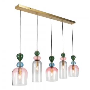 Forum Lighting VSC-39803 Vietri Sati Brass IP20 5-Light Diner Pendant With Pastel Coloured Bubble Effect Glass Shades - Requires 5 x 6W SES Candle LED Lamps