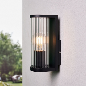 Forum Lighting ZN-44411-BLK Akuma IP44 Black Tubular Wall Light With Glass Ridged Diffuser - Requires 10W GLS LED Lamp