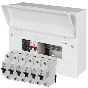 MK Sentry YS5712SMET-PP 8 Way Pre-Populated Surge Protected Switch Isolator Consumer Unit With 2x6A + 1x16A + 3x32A RCBOs & 2 Blank Modules