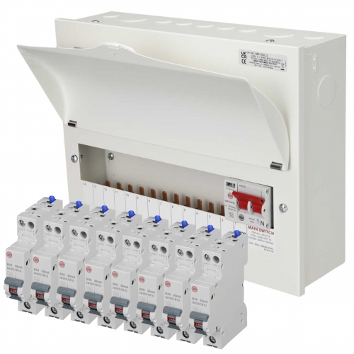 Wylex NM1306LS-PP NM Series 13 Way Pre-Populated Surge Protected Switch Isolator Consumer Unit With 3x6A + 1x16A + 4x32A RCBOs & 5 Blank Modules