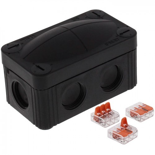 Wiska 10109900-PACK (pack of 5) COMBI® 206/WW/3221 Black Polypropylene Weatherproof Junction Box With 6 Self Sealing Cable Inlets & 3 x 221-413 Wago Lever Connectors IP66/IP67 400V L:85mm | W:49mm | D:51mm