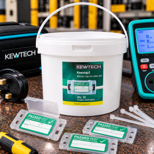 Kewtech KEWSNAP2 Durable Plastic Snap Tags Bucket - No Clips With Green/White Polyvinyl Appliance Pass Labels - Requires Cable Ties (Pack Size 50)